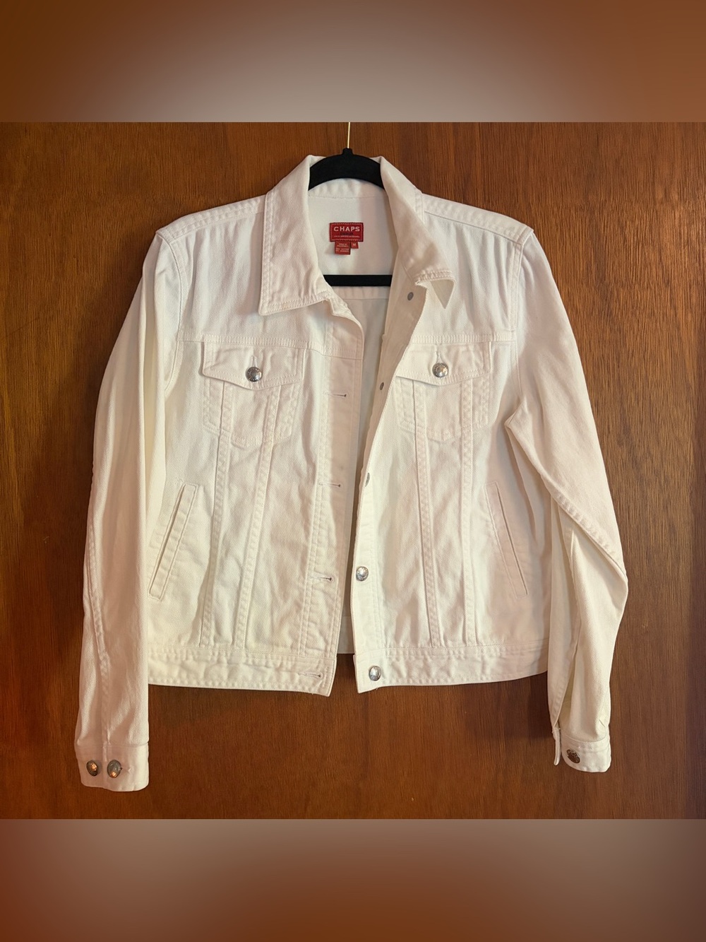 Chaps White Women's Denim Jacket with Silver Buttons